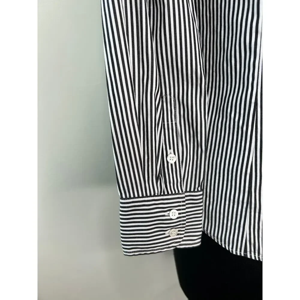 J Crew Stretch Perfect Top White Black Stripe Button Up Long Sleeve Shirt PS